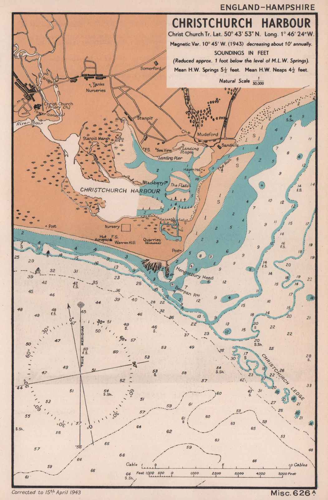 Christchurch Harbour sea coast chart. Dorset. ADMIRALTY 1943 old vintage map
